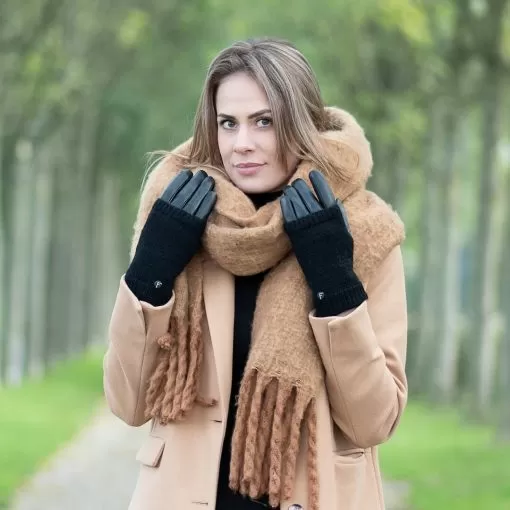 Model with Noah Vegan Leather Touchscreen Gloves Ladies with Wool Sleeve