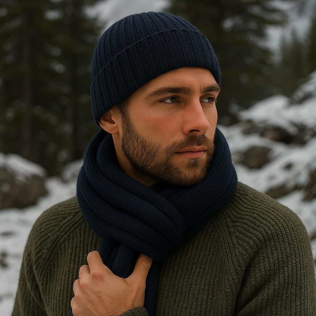 blue scarf and hat in winter setting