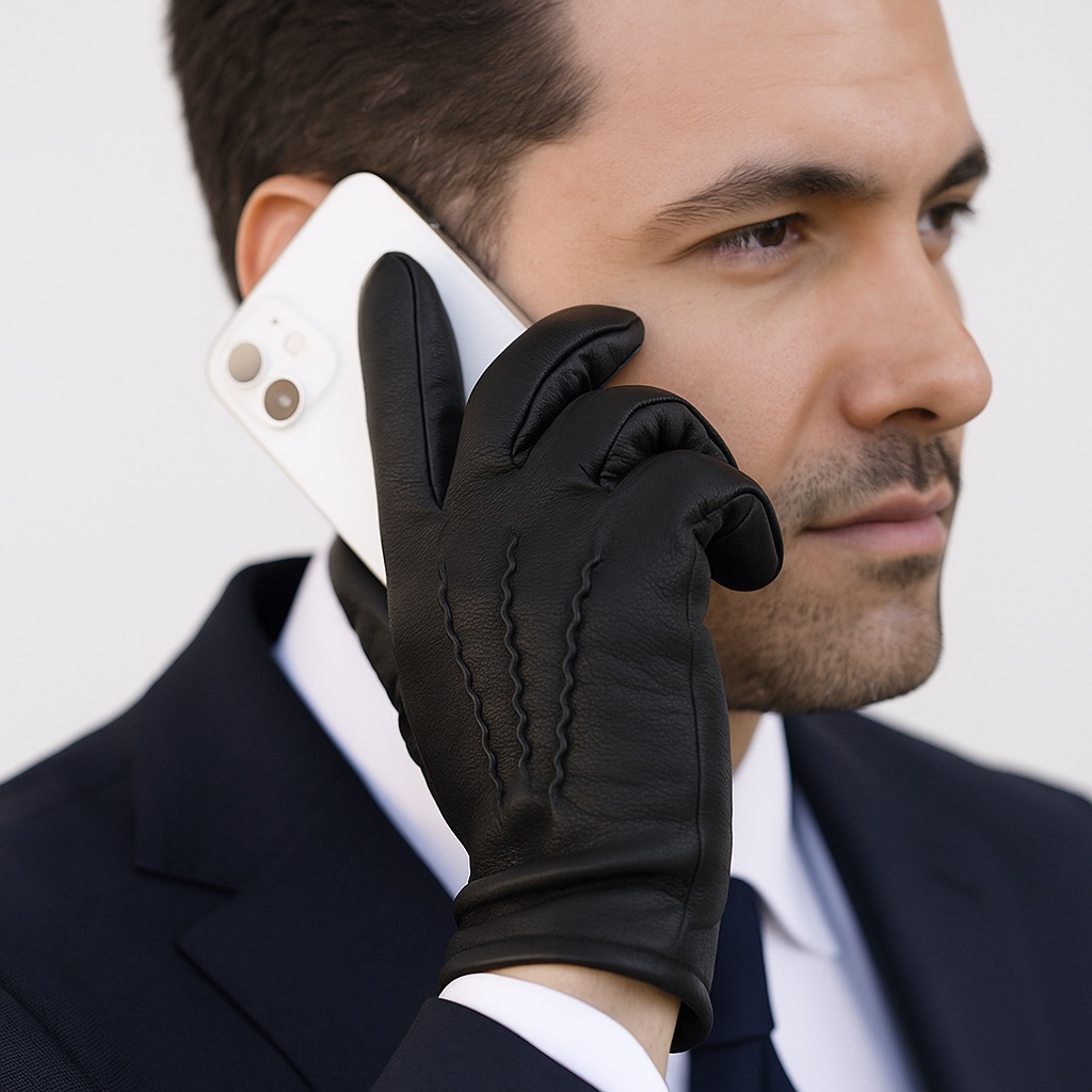 Homme portant des gants au téléphone en hiver
