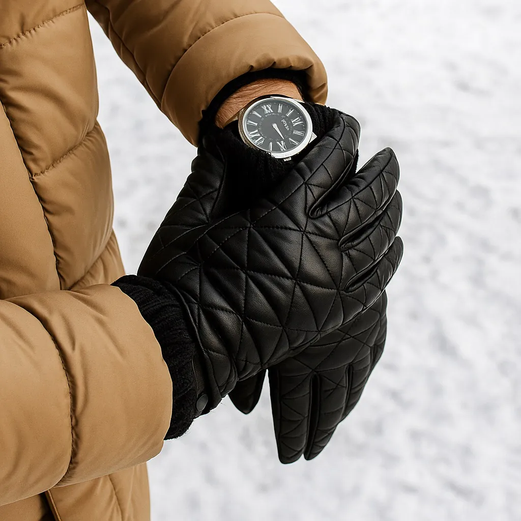 montre à côté de gants en cuir dans la neige de l'hiver