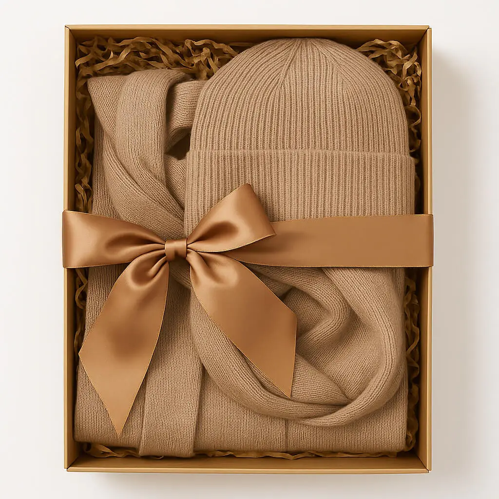 Beige mutsen en sjaals wintercadeau set
