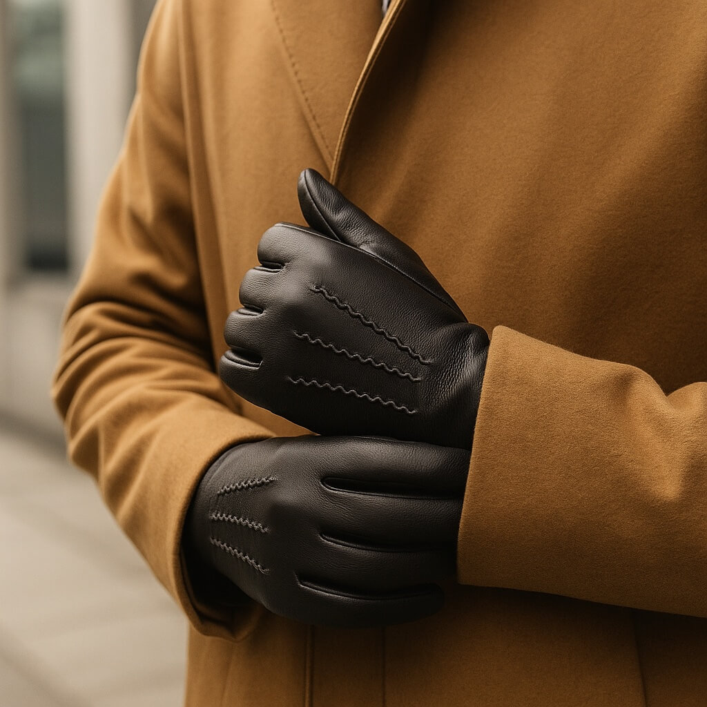 Heren winterhandschoenen op beige overcoat