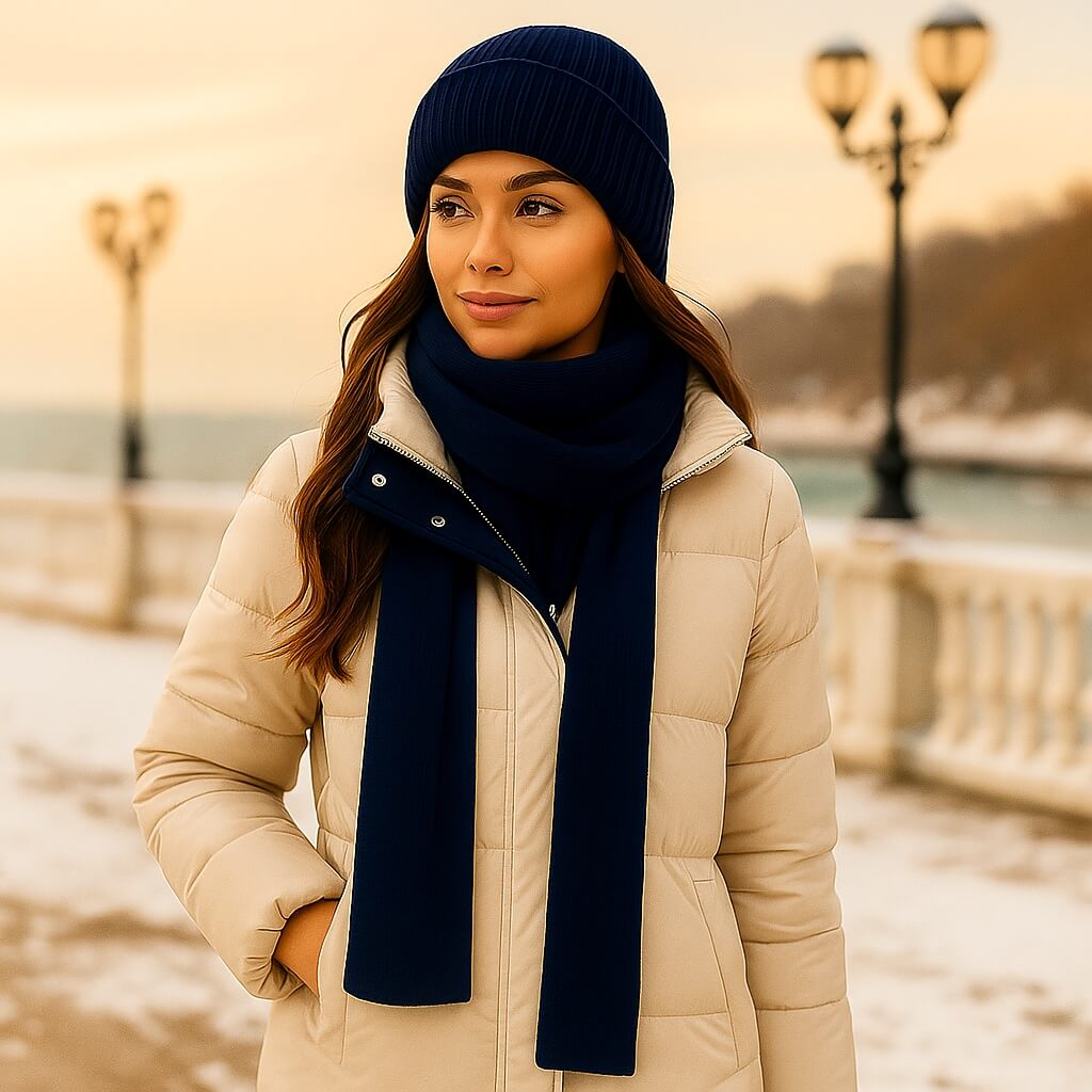 woman with blue hat and scarf on white coat walks along winter boulevard