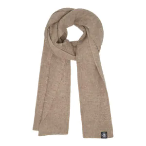 Écharpe nouée en laine mérinos beige, chaude et élégante.