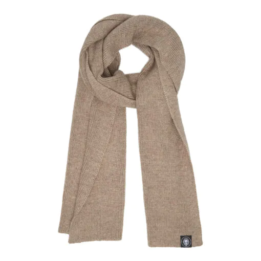 Écharpe nouée en laine mérinos beige, chaude et élégante.