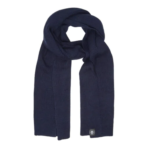 Knotted blue merino wool scarf, warm and stylish.