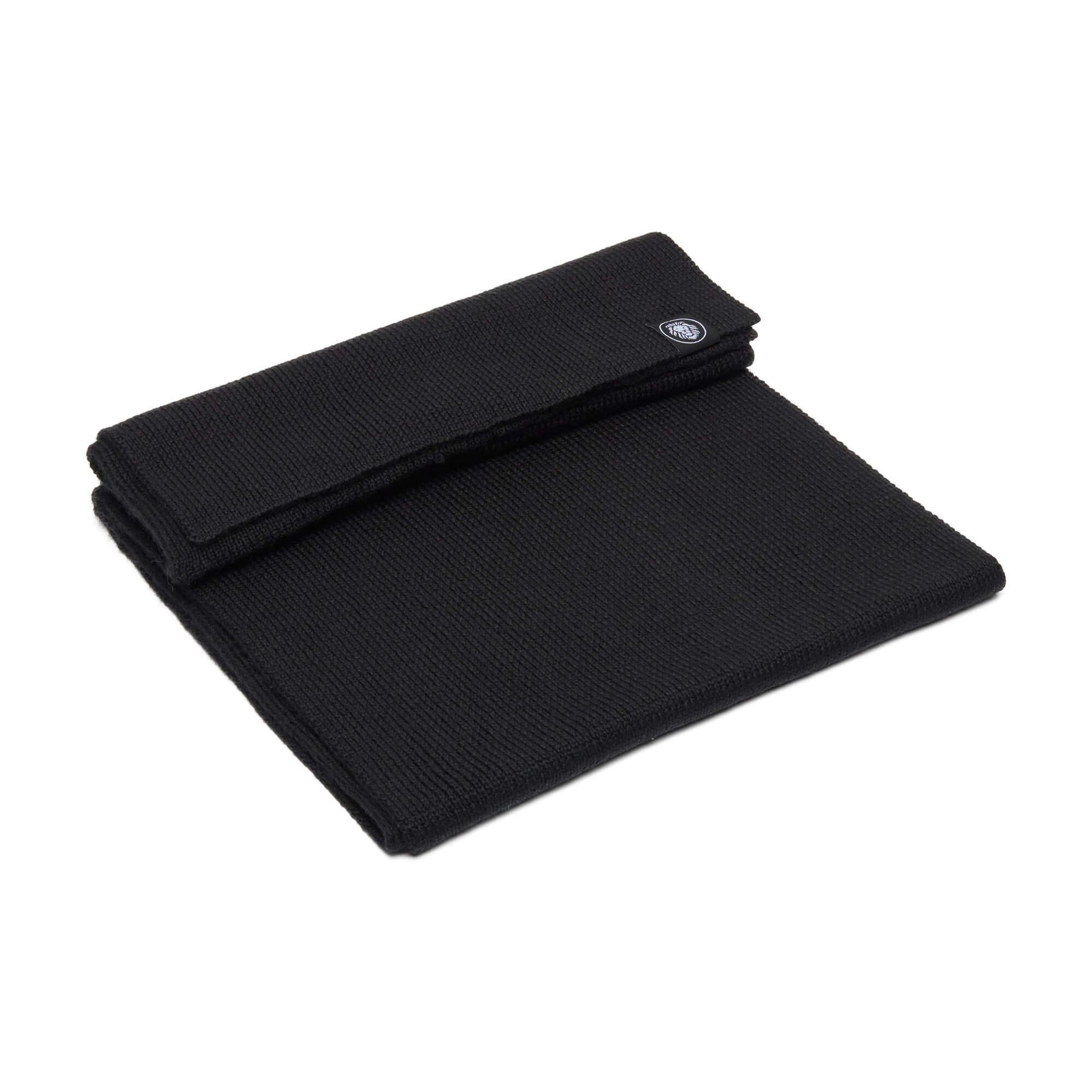Folded black merino scarf, soft and warm.