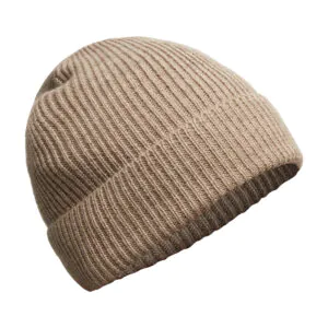 Bonnet tricoté en laine mérinos beige avec bord retourné
