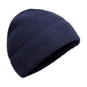 Bonnet tricoté en laine mérinos bleue avec bord plié