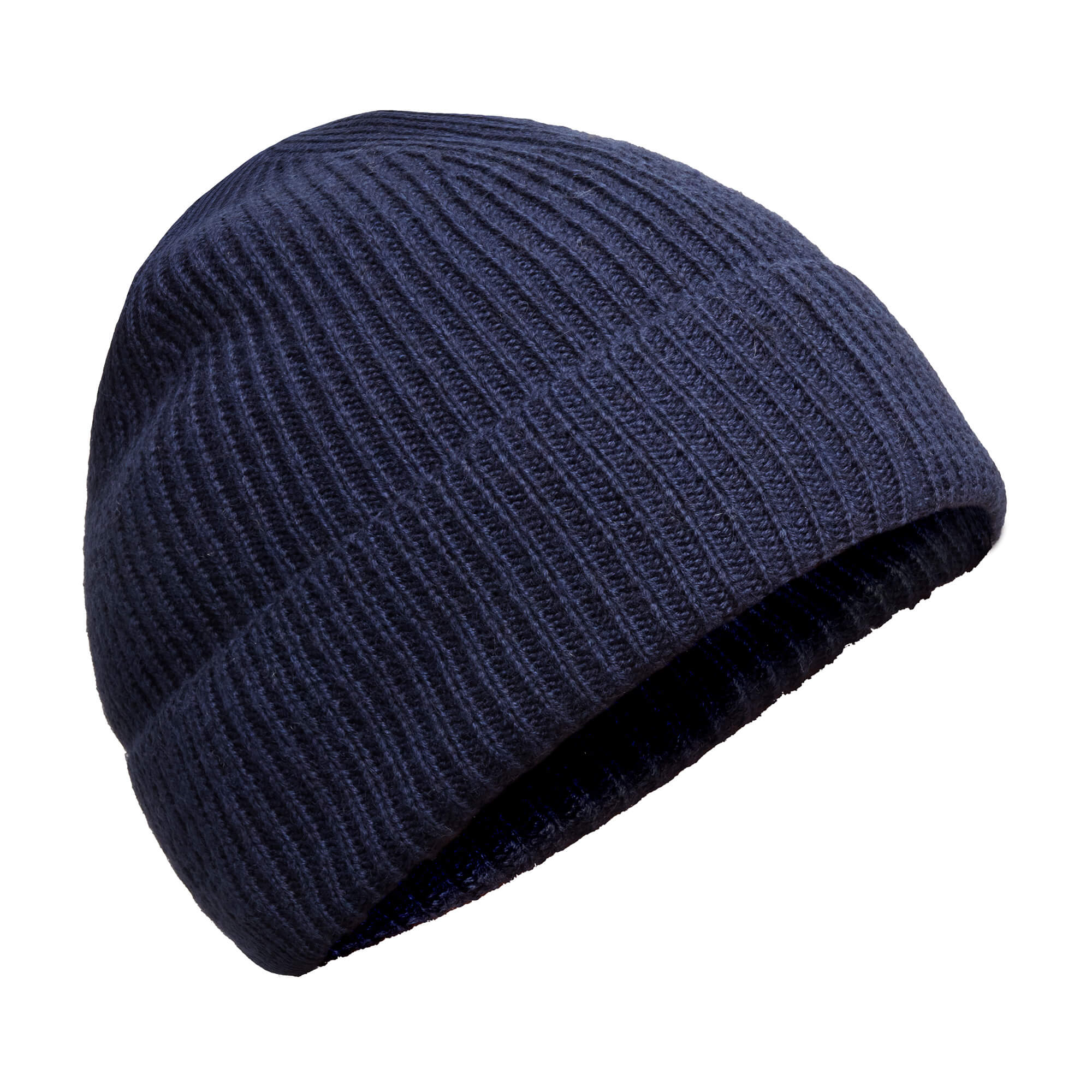 Knitted blue merino wool hat with folded brim