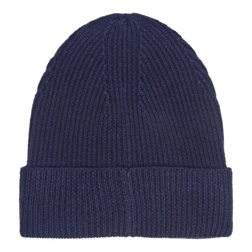 Blue knitted merino wool hat with turn-up collar