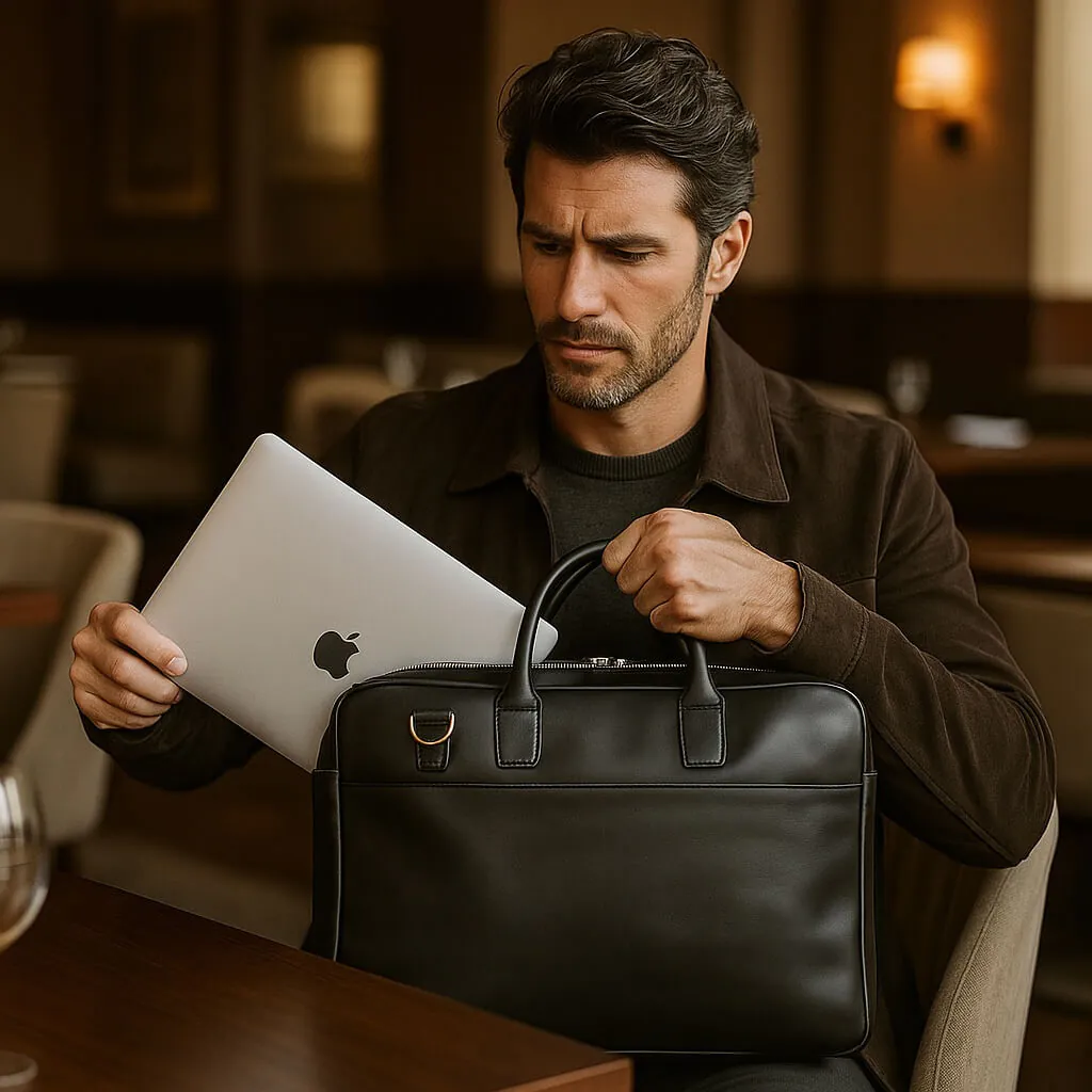 Man haalt laptop uit lederen laptoptas