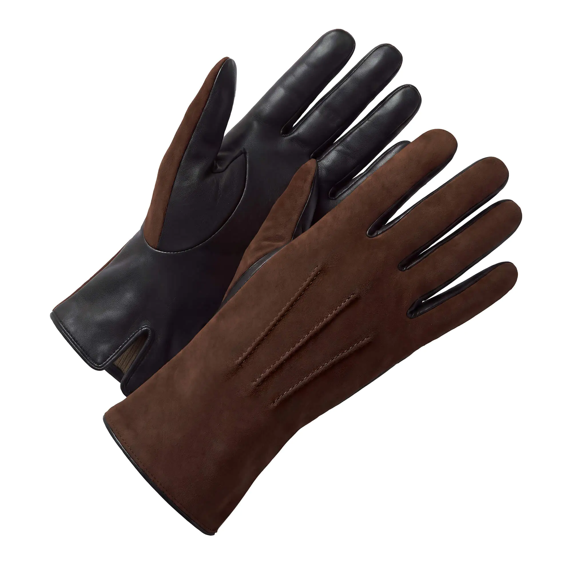 Bruin suede lederen heren handschoenen met drie klassieke sierstiksels op de bovenzijde.