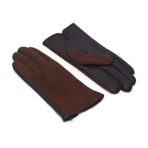 Bruin suede leren dames handschoenen met drie klassieke sierstiksels, bovenkant en handpalm zichtbaar.
