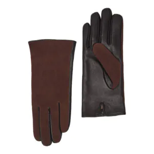 bruine suede leren dames handschoenen met drie klassieke sierstiksels, voorzijde en handpalm naast elkaar afgebeeld.