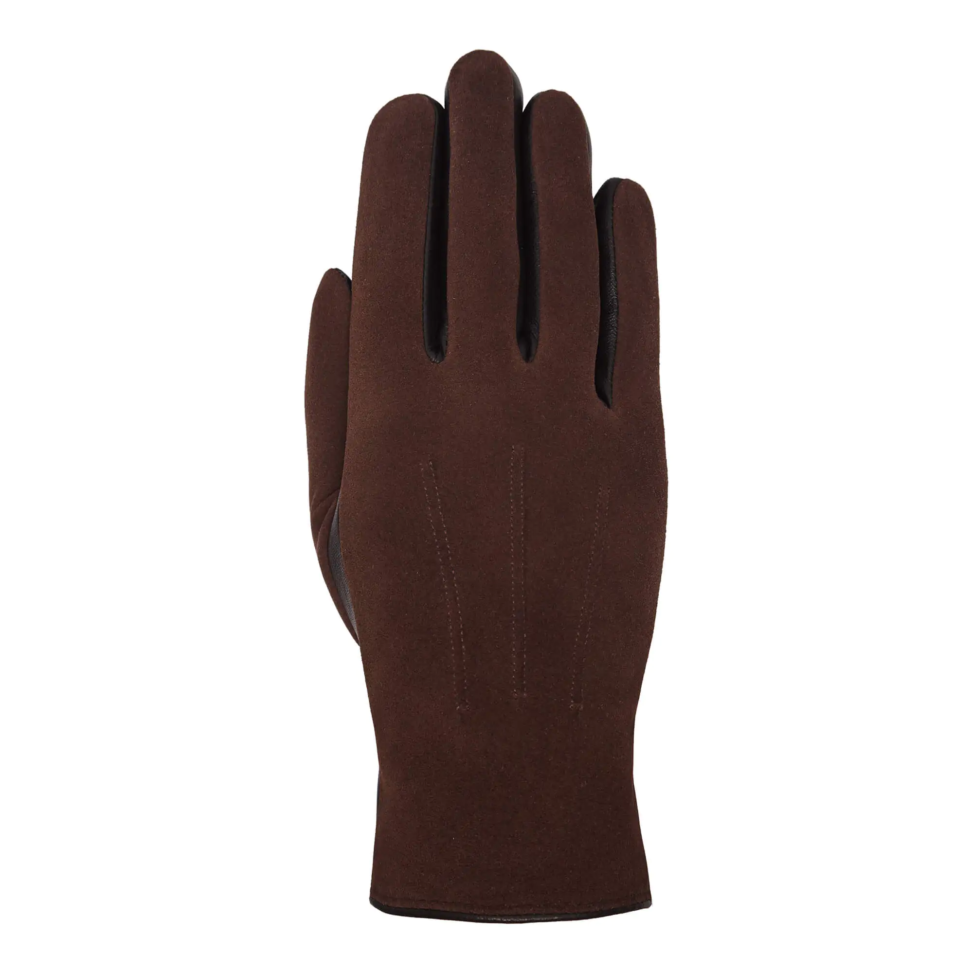Bruin suede leren dames handschoen met drie klassieke sierstiksels, bovenaanzicht met verfijnde leerdetails.
