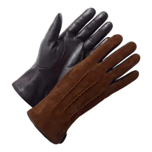 Bruin suede leren heren handschoenen met drie klassieke sierstiksels op de bovenzijde.