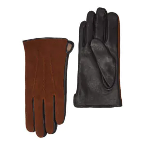 Bruine suede leren heren handschoenen met drie klassieke sierstiksels, voorzijde en handpalm naast elkaar afgebeeld.