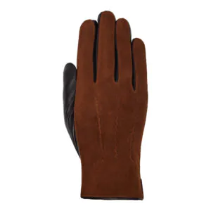 Bruin suede leren heren handschoen met drie klassieke sierstiksels, bovenaanzicht met verfijnde leerdetails.