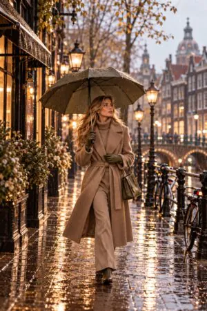 Dame in regen met warme handschoenen