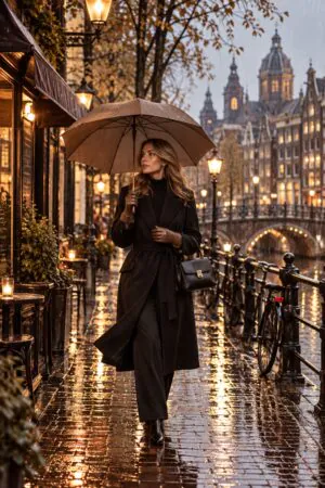 Vrouw met winterse kleding en handschoenen loopt door de regen
