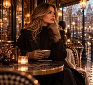 Dame op overdekt terras met koffie en warme handschoenen