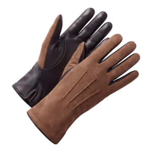 Grijs suede lederen heren handschoenen met drie klassieke sierstiksels op de bovenzijde.