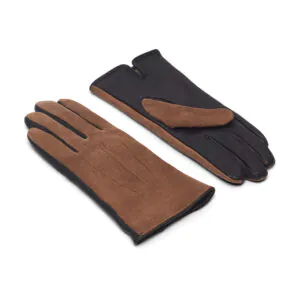 Grijs suede leren dames handschoenen met drie klassieke sierstiksels, bovenkant en handpalm zichtbaar.