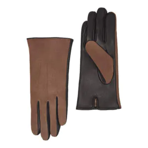 Grijs suede leren dames handschoenen met drie klassieke sierstiksels, voorzijde en handpalm naast elkaar afgebeeld.