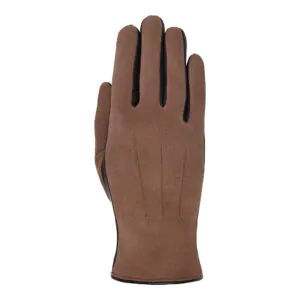 Grijs suede leren dames handschoen met drie klassieke sierstiksels, bovenaanzicht met verfijnde leerdetails.