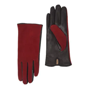 rode suede leren dames handschoenen met drie klassieke sierstiksels, voorzijde en handpalm naast elkaar afgebeeld.
