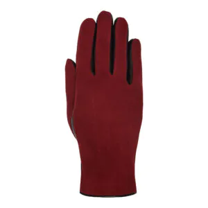 Rood suede leren dames handschoen met drie klassieke sierstiksels, bovenaanzicht met verfijnde leerdetails.