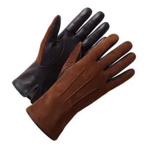 Roest suede lederen heren handschoenen met drie klassieke sierstiksels op de bovenzijde.