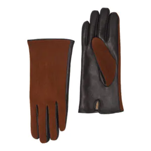 Roest suede leren dames handschoenen met drie klassieke sierstiksels, voorzijde en handpalm naast elkaar afgebeeld.