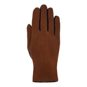 Roest suede leren dames handschoen met drie klassieke sierstiksels, bovenaanzicht met verfijnde leerdetails.