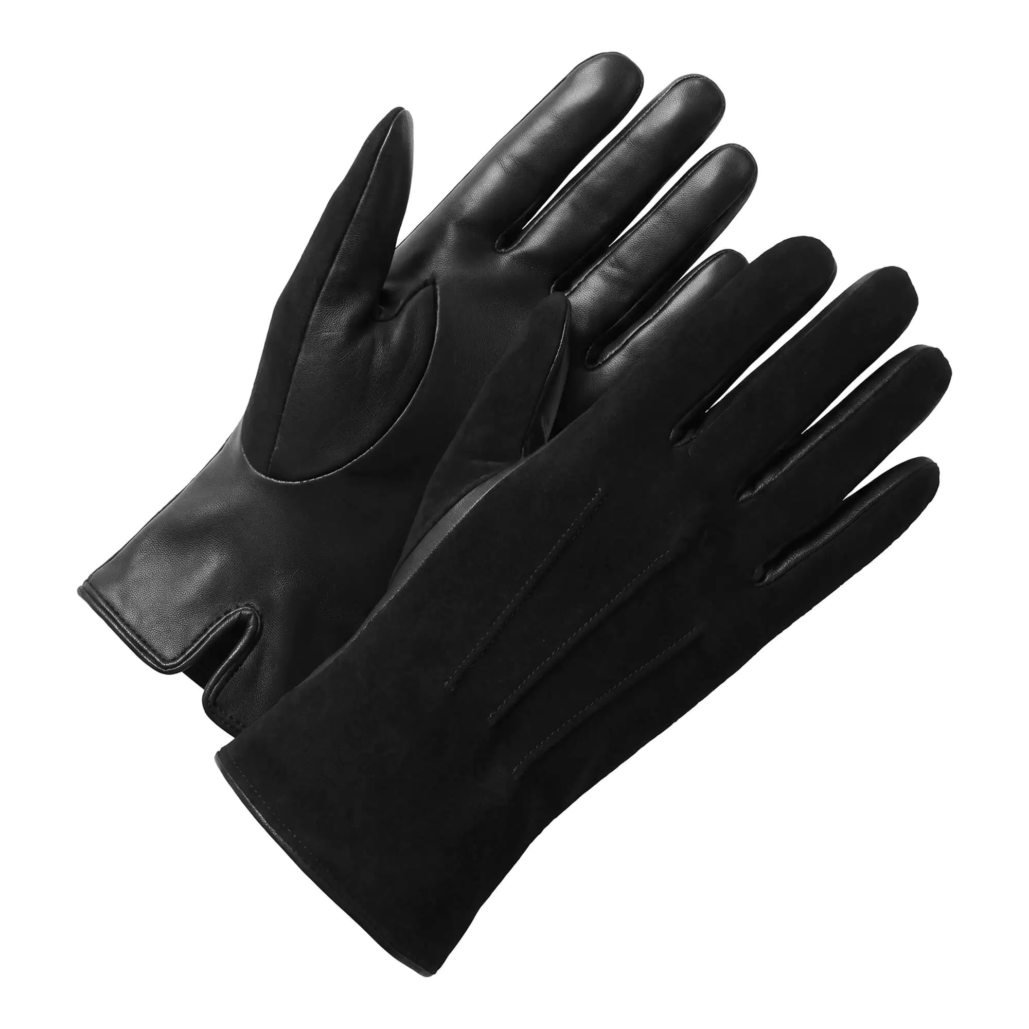 Zwart suede lederen dames handschoenen met drie klassieke sierstiksels op de bovenzijde.