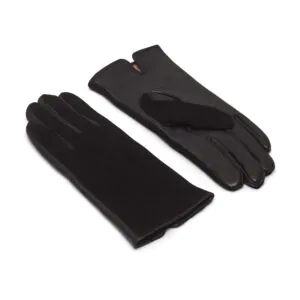 Zwart suede leren dames handschoenen met drie klassieke sierstiksels, bovenkant en handpalm zichtbaar.