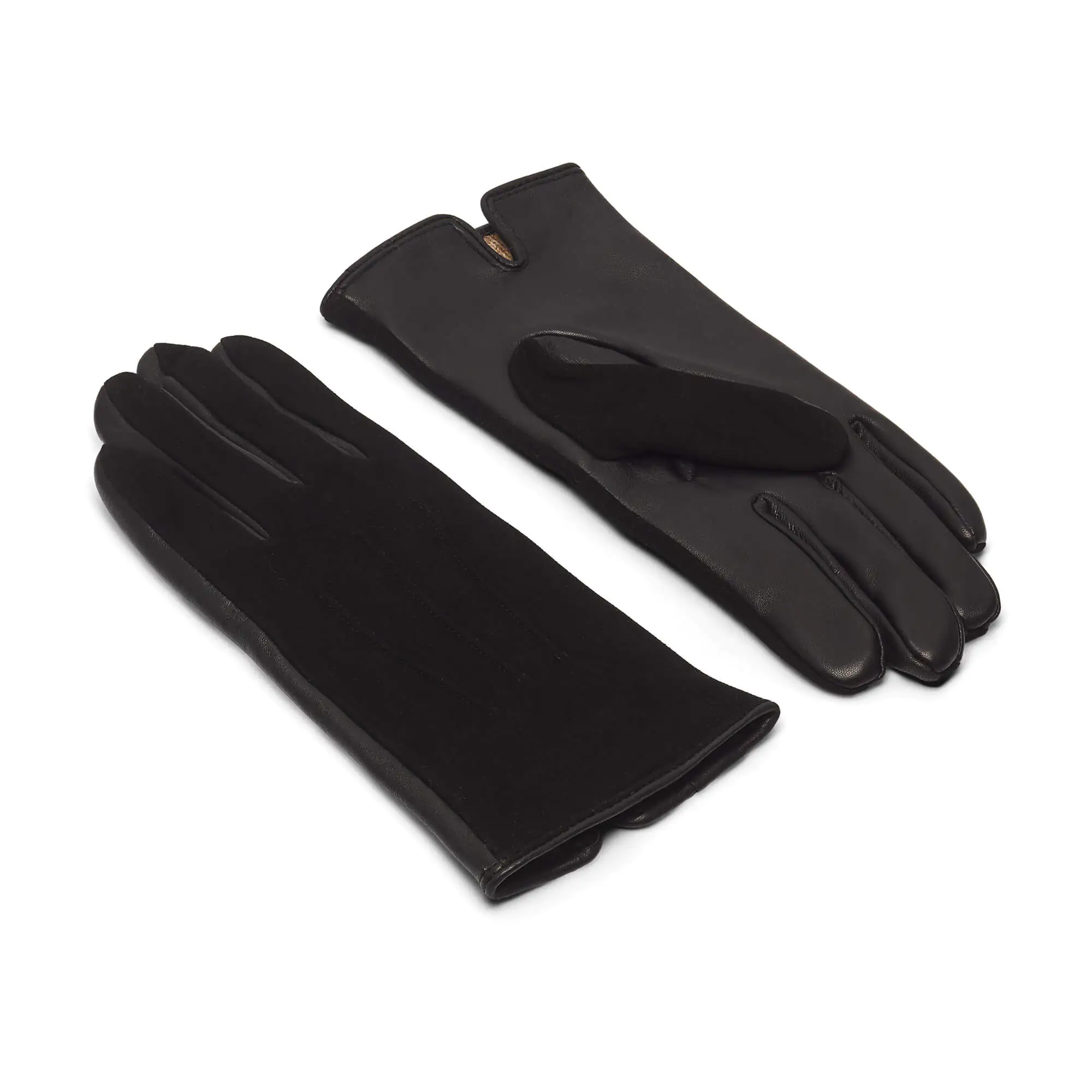 Zwart suede leren dames handschoenen met drie klassieke sierstiksels, bovenkant en handpalm zichtbaar.