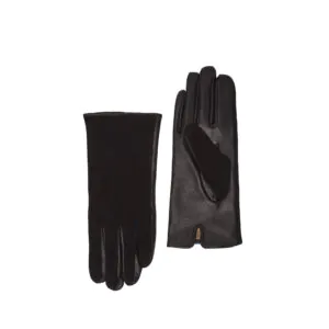Zwart suede leren dames handschoenen met drie klassieke sierstiksels, voorzijde en handpalm naast elkaar afgebeeld.