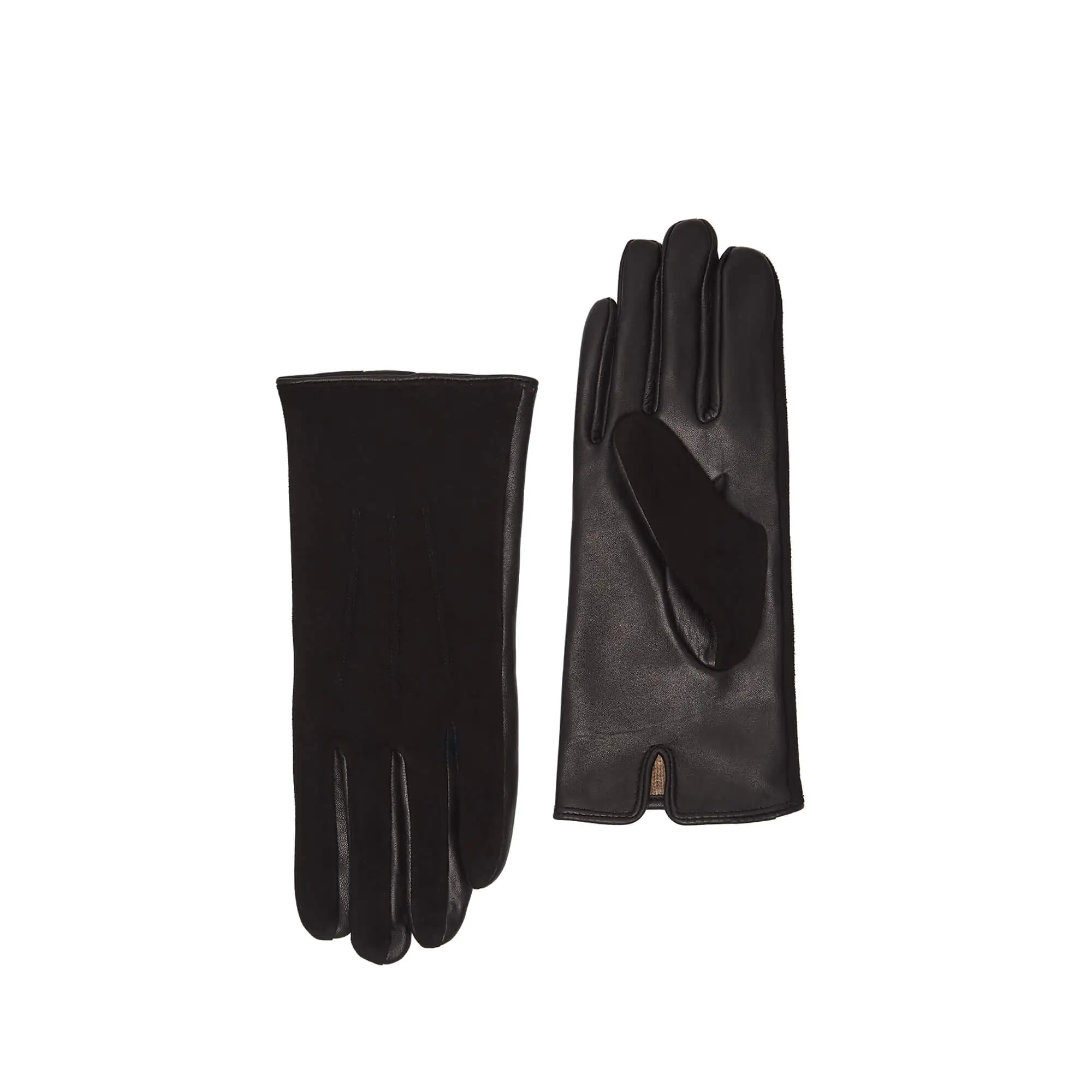 Zwart suede leren dames handschoenen met drie klassieke sierstiksels, voorzijde en handpalm naast elkaar afgebeeld.