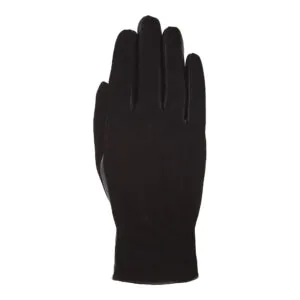 Zwart suede leren dames handschoen met drie klassieke sierstiksels, bovenaanzicht met verfijnde leerdetails.