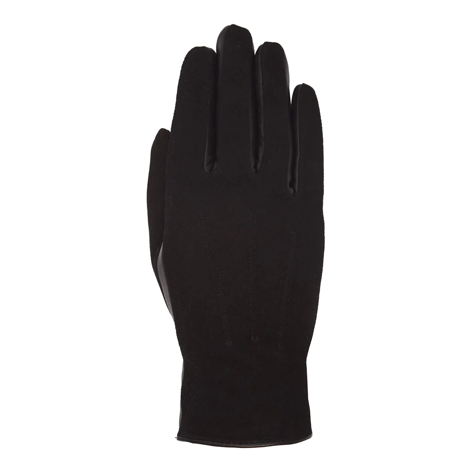 Zwart suede leren dames handschoen met drie klassieke sierstiksels, bovenaanzicht met verfijnde leerdetails.