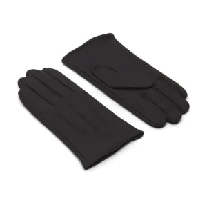 Mat zwart leren heren winterhandschoenen met drie klassieke sierstiksels, bovenkant en handpalm zichtbaar.