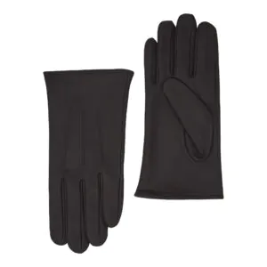 Mat Zwart leren heren winterhandschoenen met drie klassieke sierstiksels, voorzijde en handpalm naast elkaar afgebeeld.