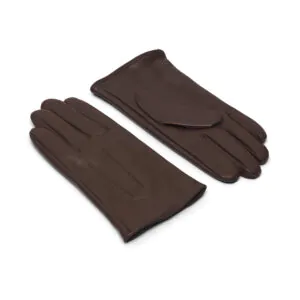 Mocha leren heren winterhandschoenen met drie klassieke sierstiksels, bovenkant en handpalm zichtbaar.