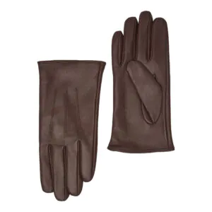 Mocha leren heren winterhandschoenen met drie klassieke sierstiksels, voorzijde en handpalm naast elkaar afgebeeld.
