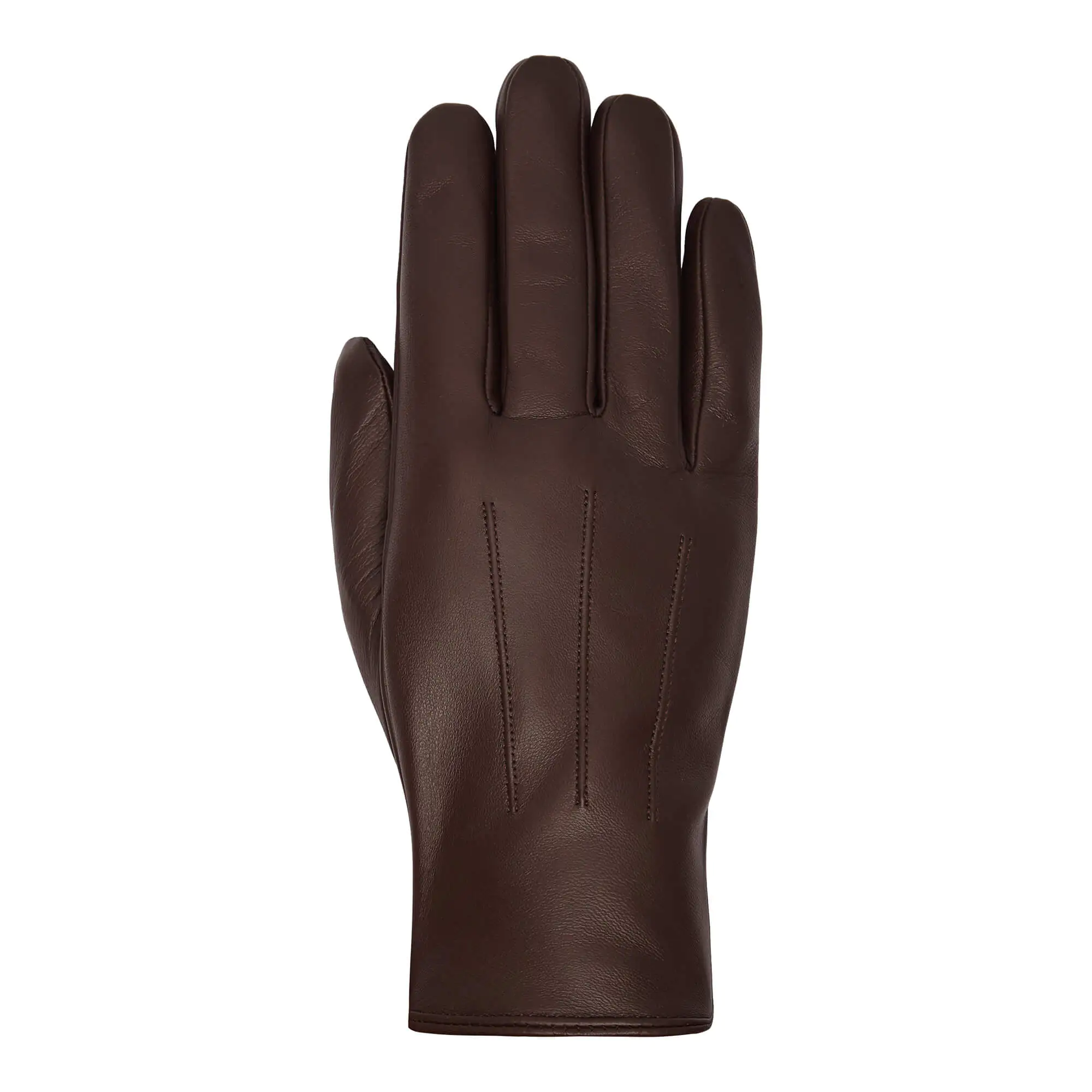Adam Mocha leren heren winterhandschoen met drie klassieke sierstiksels, bovenaanzicht met verfijnde leerdetails.