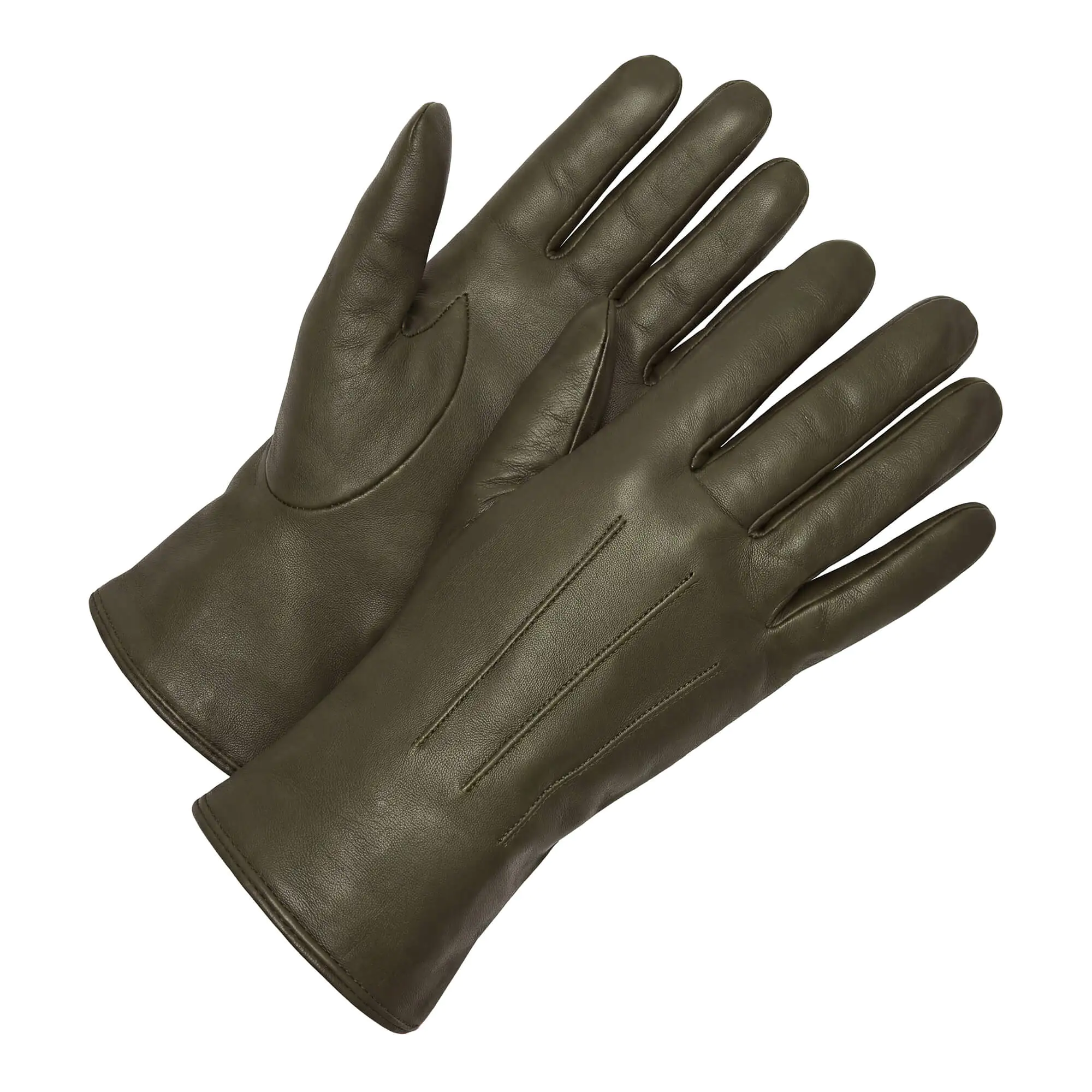 Moss leren heren winterhandschoenen met drie klassieke sierstiksels op de bovenzijde.