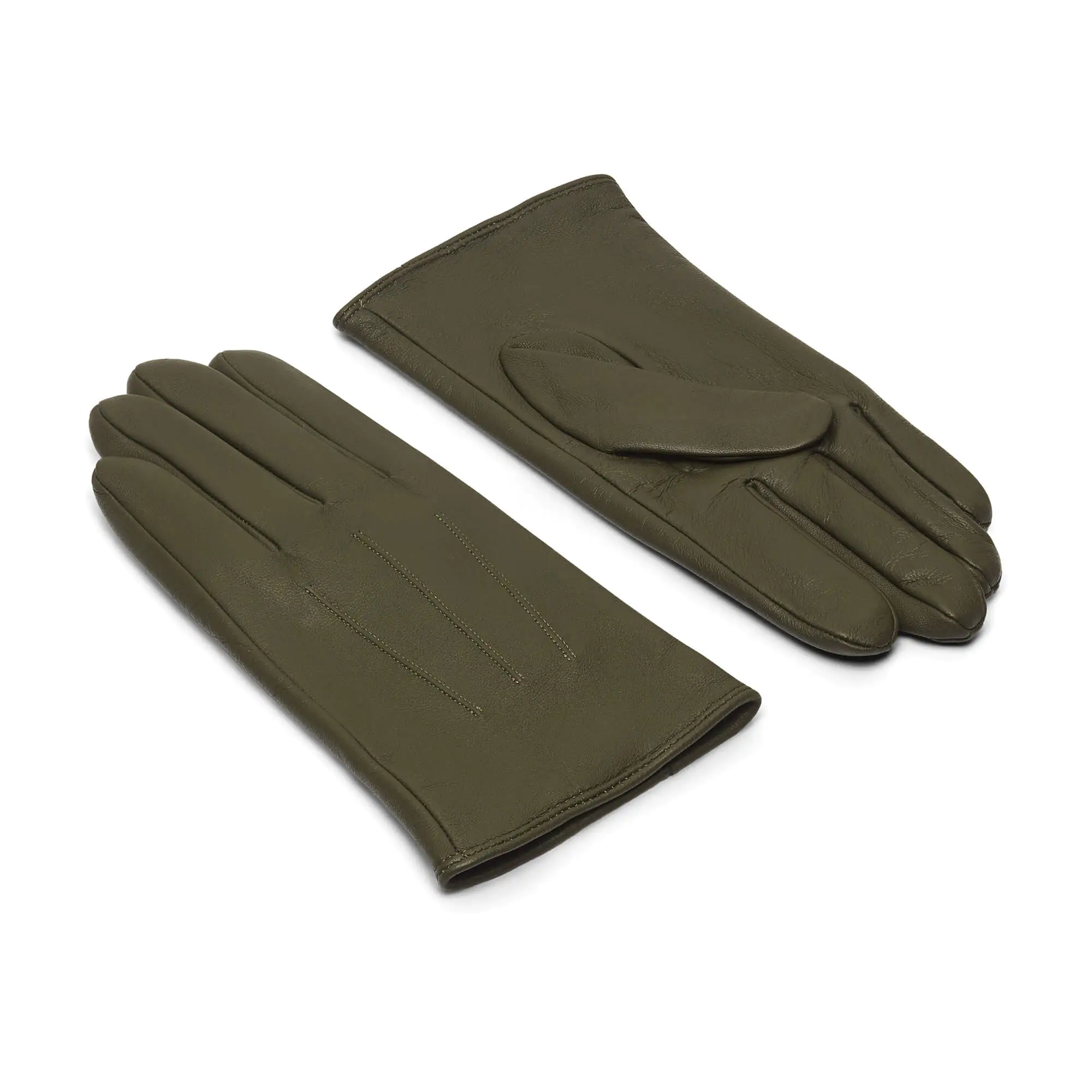 Moss leren heren winterhandschoenen met drie klassieke sierstiksels, bovenkant en handpalm zichtbaar.