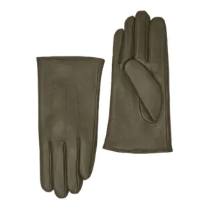Moss leren heren winterhandschoenen met drie klassieke sierstiksels, voorzijde en handpalm naast elkaar afgebeeld.